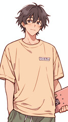 Smiling Anime Boy with Skateboard - Digital Illustration