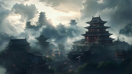 Obraz premium A sprawling scene of towering traditional East Asian buildings set against a dramatic sky