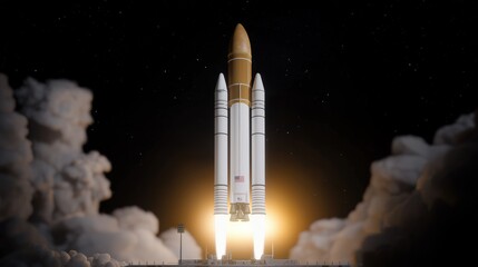 Space Rocket Launch at Sunset with Stars and Clouds