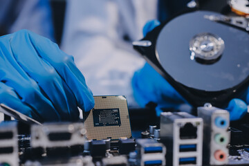 Obraz premium Electronics technician, electronic engineering electronic repair, electronics measuring and testing, repair and maintenance concepts.