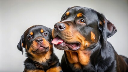 Obraz premium Loving Rottweiler mom caring for puppy, playful interaction