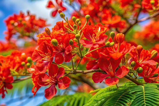 Lovely red Flamboyan flowers in bloom in Puerto Rico
