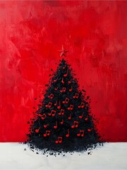 A striking artwork featuring a black Christmas tree adorned with musical notes against a vivid red background, symbolizing a festive and creative spirit.