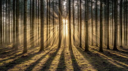 Obraz premium A serene forest scene with sunlight streaming through tall trees, creating a tranquil atmosphere.