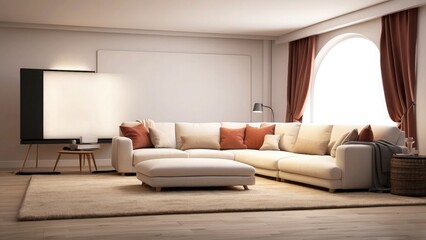  A cozy home theater room with plush seating and a blank projector screen, perfect for movie night mockups, isolated on wh