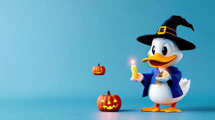 A cheerful duck in a witch hat holding a candle with Halloween pumpkins.