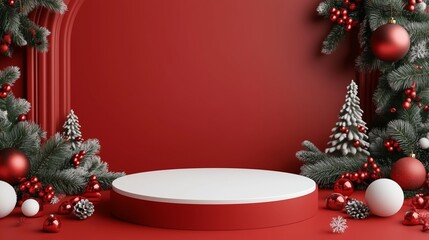 3d render, podium with christmas decoration and red background, green color theme
