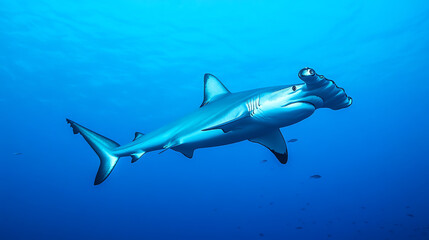Fototapeta premium A sleek shark swimming gracefully through clear blue waters, showcasing the beauty and power of marine life in its natural habitat.