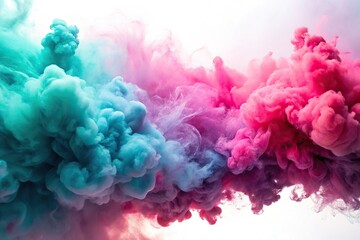 Obraz premium Low angle clouds of smoke in pink and cyan colors against white background