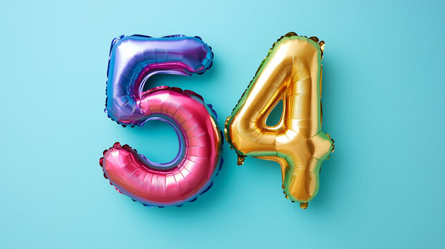 Rainbow foil balloon number fifty four. Top view. Colored number on blue background.