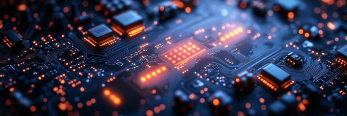 Obraz premium A close-up of an advanced circuit board with glowing lights, representing the technological and digital elements in AI