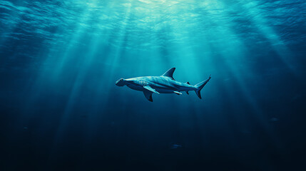 Obraz premium A majestic shark gliding through deep blue ocean waters, illuminated by rays of sunlight. Captures the beauty and mystery of marine life in its natural habitat.