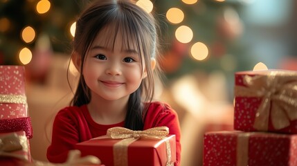 A cute little Asian girl is smiling and sitting in front of Christmas gifts, with a tree behind her