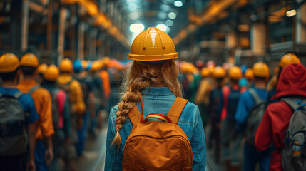 Woman in Yellow Hard Hat Amidst Crowd in Factory