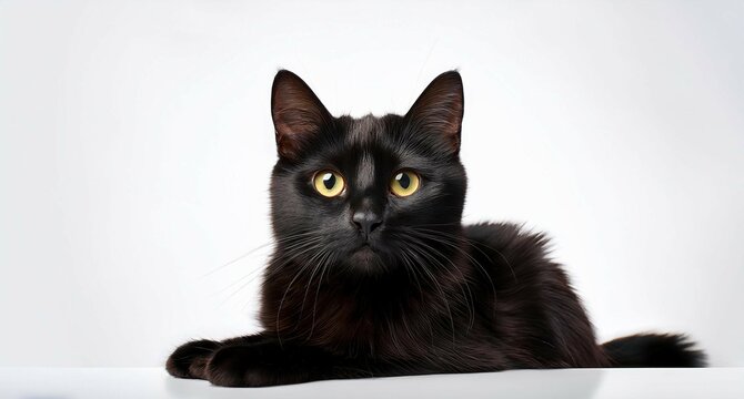 Hermoso gato bombay negro de pelaje brillante y ojos impactantes amarillos, en un espacio aislado y limpio