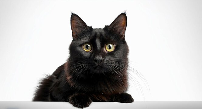 Hermoso gato bombay negro de pelaje brillante y ojos impactantes amarillos, en un espacio aislado y limpio