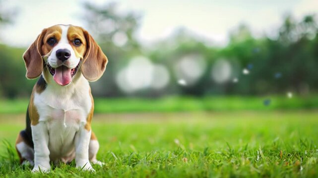 Beagle dog with expression sticking out his tongue and sitting on the grass with empty space on the right