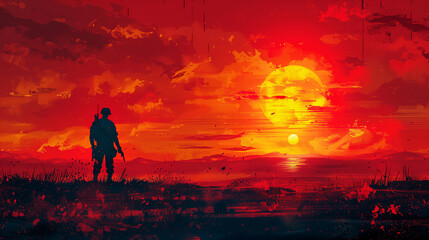 Fototapeta premium Silhouetted Soldier Sunset Landscape Painting