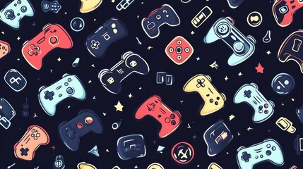 Seamless Line Art Pattern of Video Game Controllers on White Background