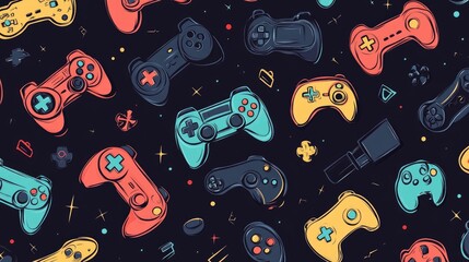 Seamless Line Art Pattern of Video Game Controllers on White Background