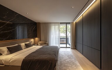 Side perspective of the wardrobe, capturing how the black marble doors complement the clean, uncluttered lines of the minimalist bedroom. 