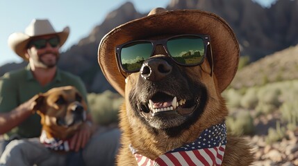Patriotic German Shepherd Dog Wearing Sunglasses and Cowboy Hat