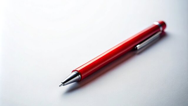 Low angle minimalist elegance red colorless pen resting on a white surface