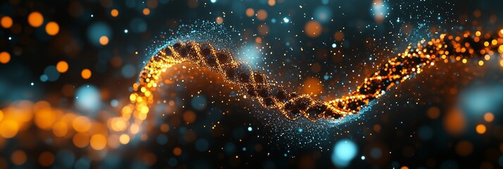 Cinematic digital background of orange and teal data streams flowing in the shape of a DNA helix