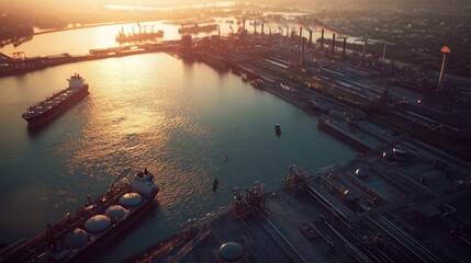 Aerial View of Port at Sunset Over Water