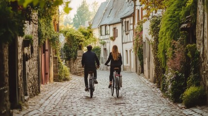 Couple Riding Bicycles Through a Quaint European Village Street