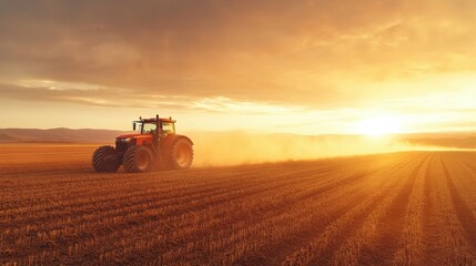Fototapeta premium A large modern tractor plowing a field at sunrise, with the warm golden light highlighting the machinery. The expansive sky offers ample copy space to the upper left