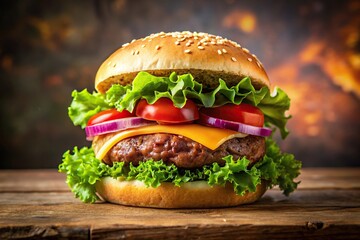 Low angle shot of classic hamburger with meat patty, tomatoes, onions, cheese, and lettuce