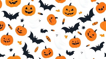 Seamless Halloween Pattern with Bats, Pumpkins, and Ghosts on White Background