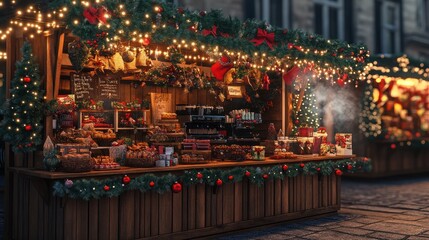 A cozy Christmas market stall offering steaming hot coffee, festive sweets, and holiday decorations
