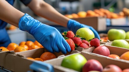 Fototapeta premium Hands in Blue Gloves Picking Fresh Fruits