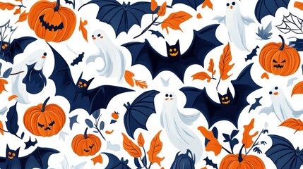 Seamless Halloween Pattern with Bats, Pumpkins, and Ghosts on White Background