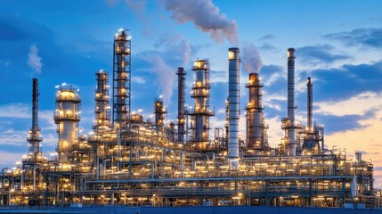 Industrial Refinery at Dusk with Illuminated Machinery