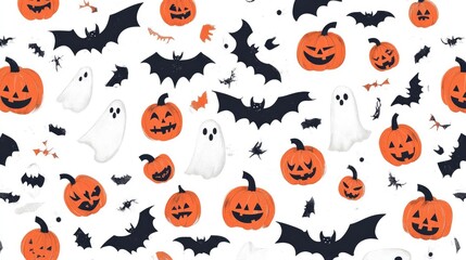 Fototapeta premium Seamless Halloween Pattern with Bats, Pumpkins, and Ghosts on White Background