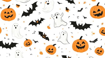 Seamless Halloween Pattern with Bats, Pumpkins, and Ghosts on White Background