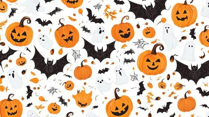 Fototapeta premium Seamless Halloween Pattern with Bats, Pumpkins, and Ghosts on White Background
