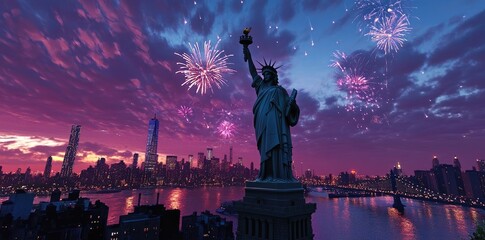 Fototapeta premium 3D Rendering of the Statue of Liberty with Fireworks at Night in New York City