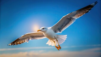 Obraz premium Low angle soft focused seagull flying against gradient blue sky background