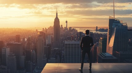 Businessman standing on a rooftop overlooking a vast city skyline, contemplating success and future opportunities