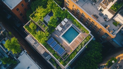 Green Rooftop with Solar Panels on Urban Skyscraper