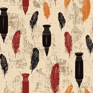 seamless pattern of feathered quills and inkpots with ancient scripts