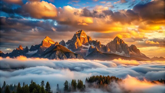 Low angle sunset in the mountains with stunning vista of towering peaks against backdrop of rolling clouds