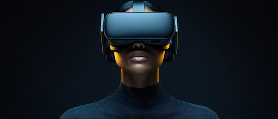 Virtual reality headset advertised through a personalized, A futuristic individual wearing a virtual reality headset, immersed in an advanced technology experience against a dark background.