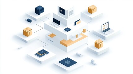 Obraz premium Abstract digital network with various devices and boxes, white isolated background