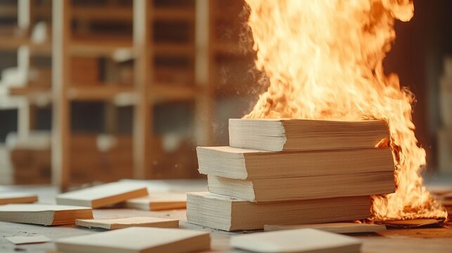 Burning books in a dramatic display symbolizing censorship and loss of knowledge. - Powered by Adobe