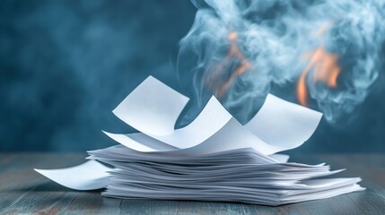 Burning papers with smoke rising, on a wooden surface, dramatic lighting.